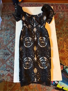 Black Lace Midi Dress with Scalloped Floral Medallions